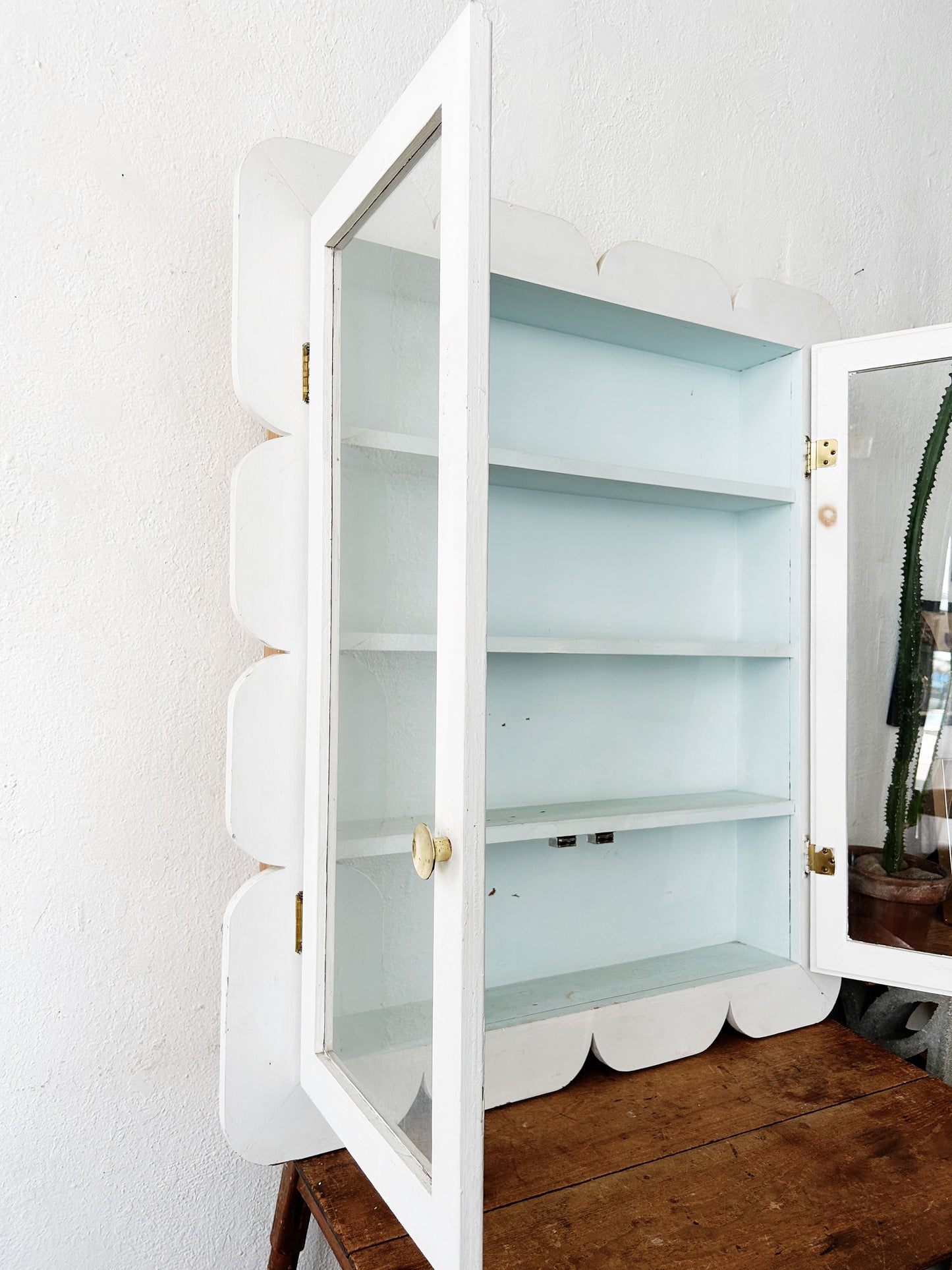 Large Mid Century Folk Style Cabinet with Glass Doors