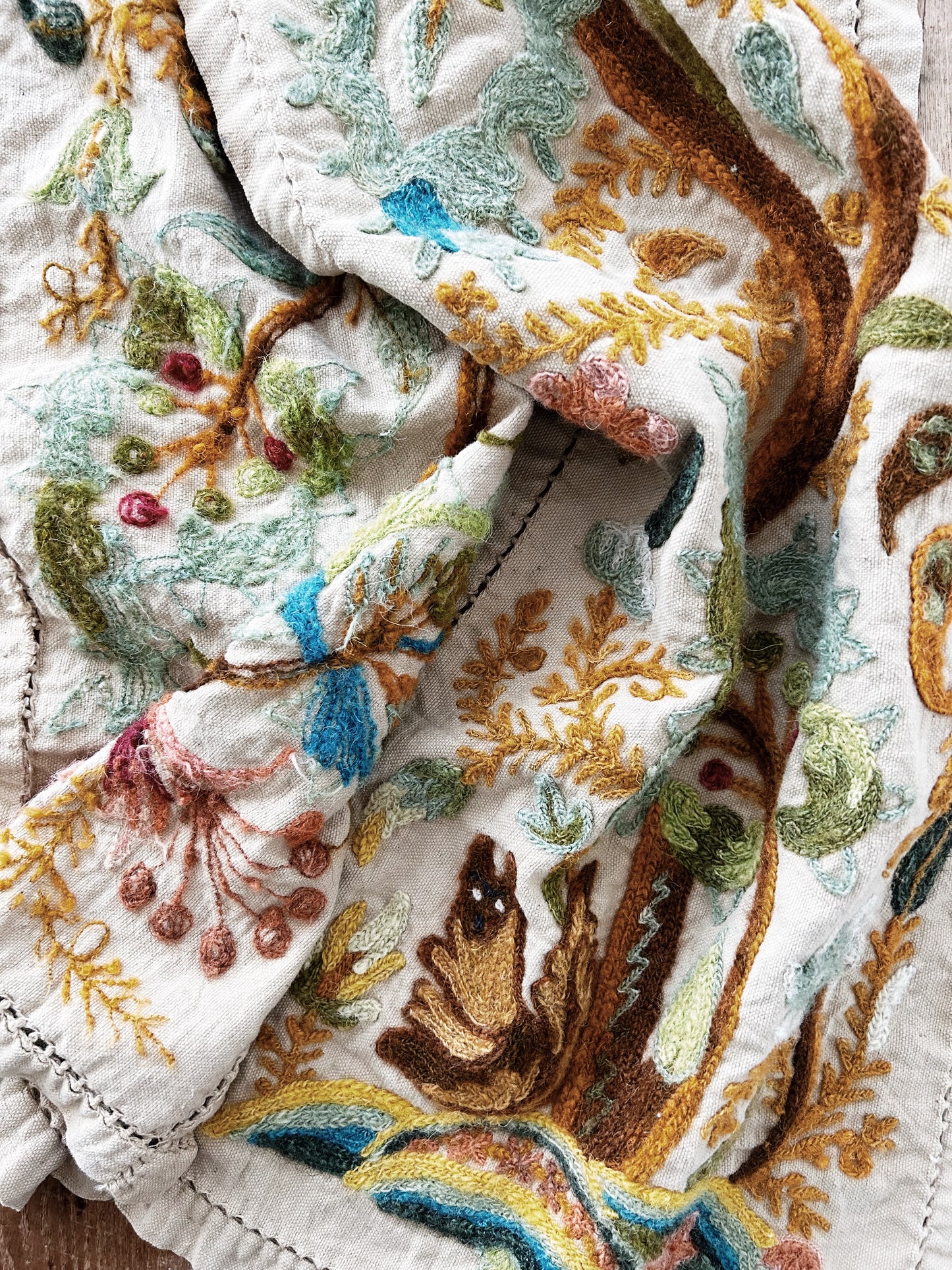 Vintage Crewel Woodland Table Runner