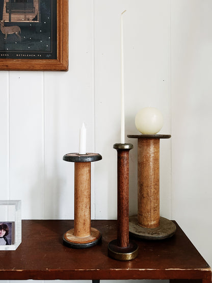 Trio of Antique Wooden Spool Candleholders