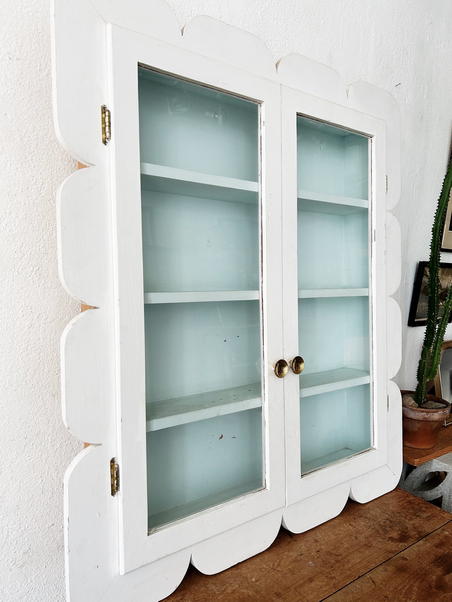 Large Mid Century Folk Style Cabinet with Glass Doors