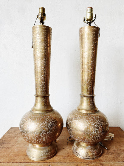 Tall Vintage Incised Brass Lamp