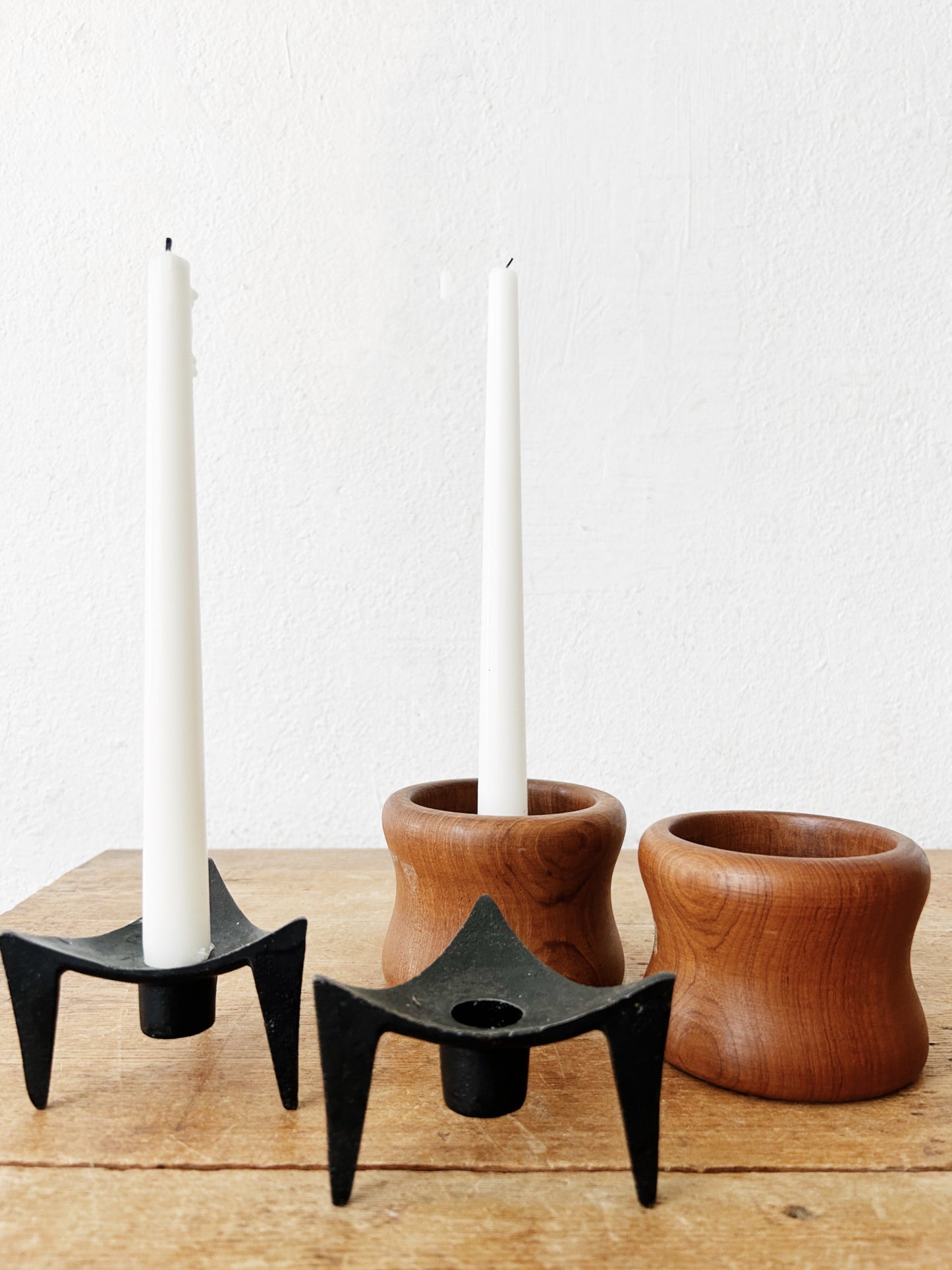 Vintage Scandinavian Wood or Brutalist Candle Holder Pair