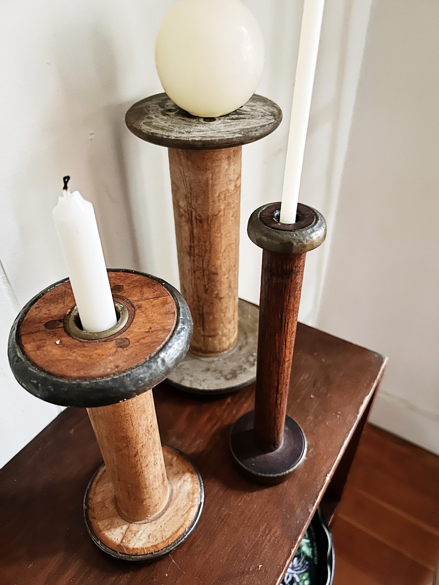 Trio of Antique Wooden Spool Candleholders