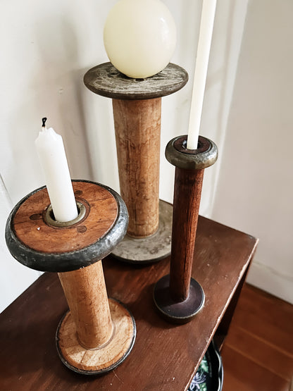 Trio of Antique Wooden Spool Candleholders