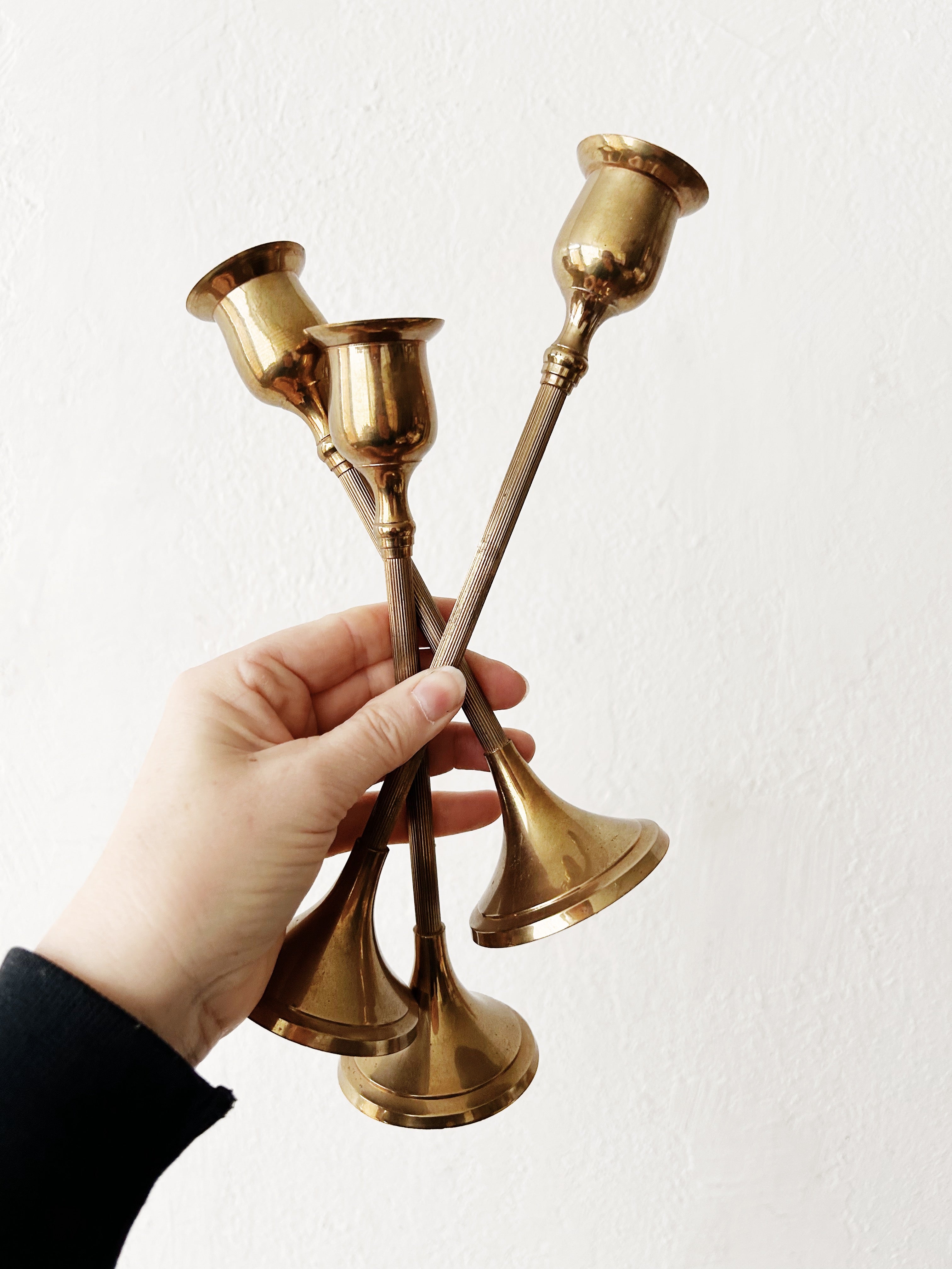 Vintage Brass Candle Holder Trio - Thumbnail 4