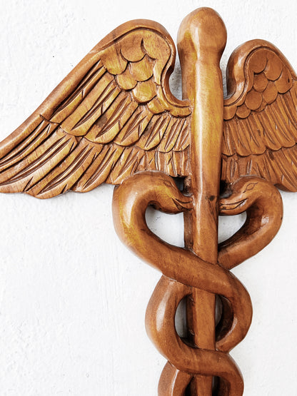 Vintage Carved Wood Caduceus