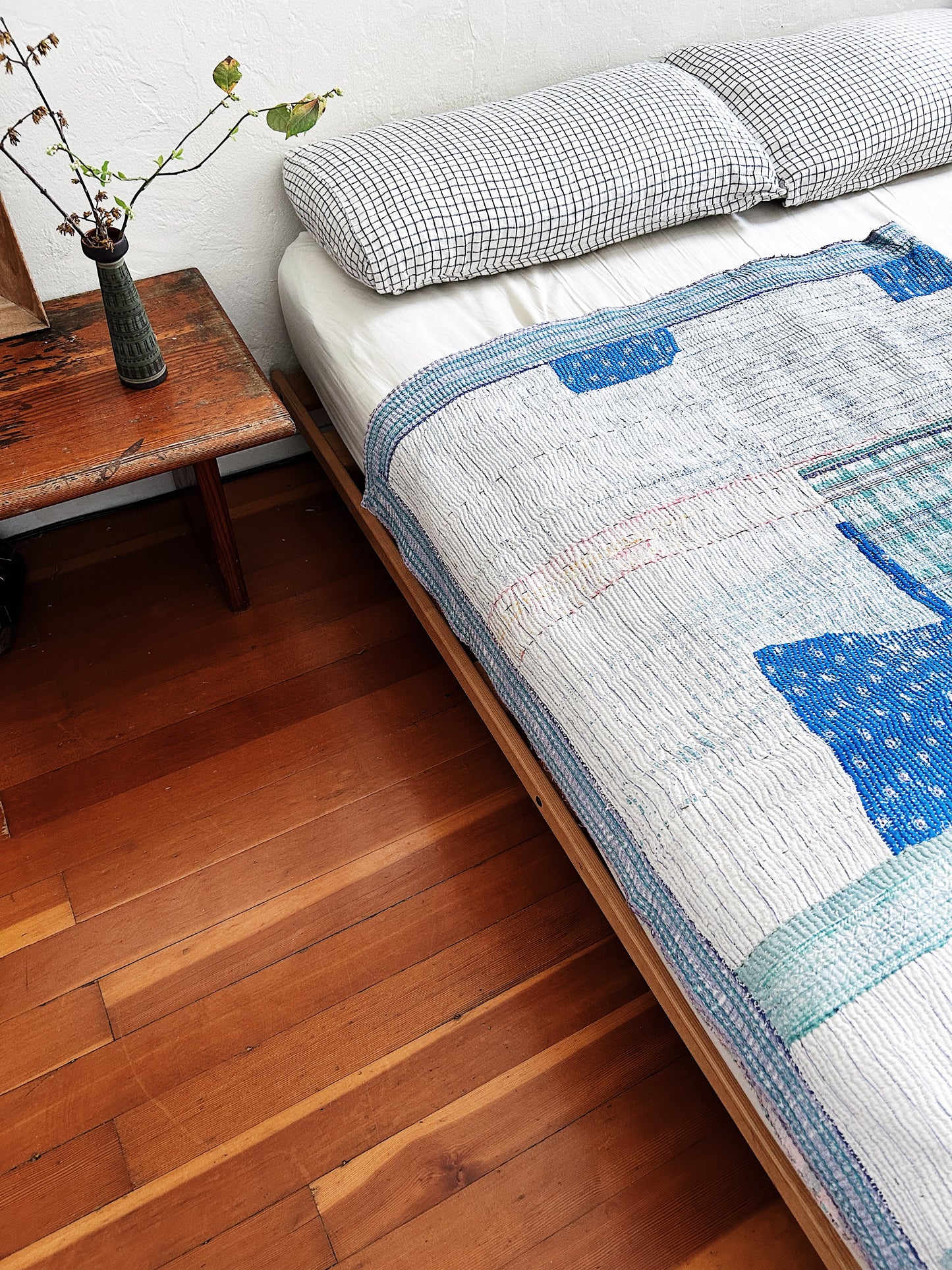 Vintage Blue Calico Patch Kantha Quilt