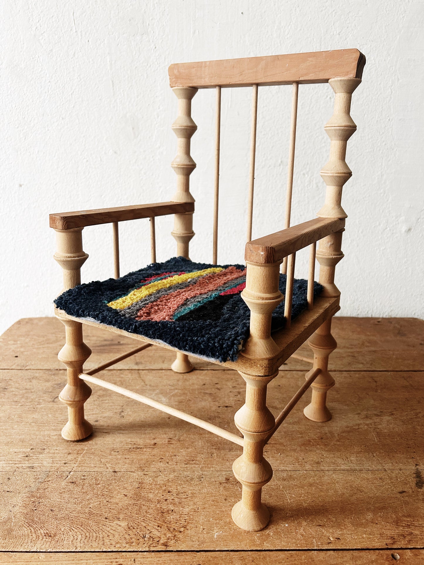 Handmade Mini Folk Art Chair with Hooked Seat Pad
