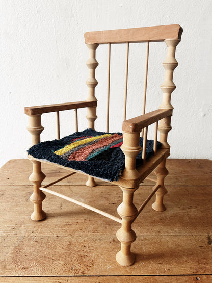 Handmade Mini Folk Art Chair with Hooked Seat Pad