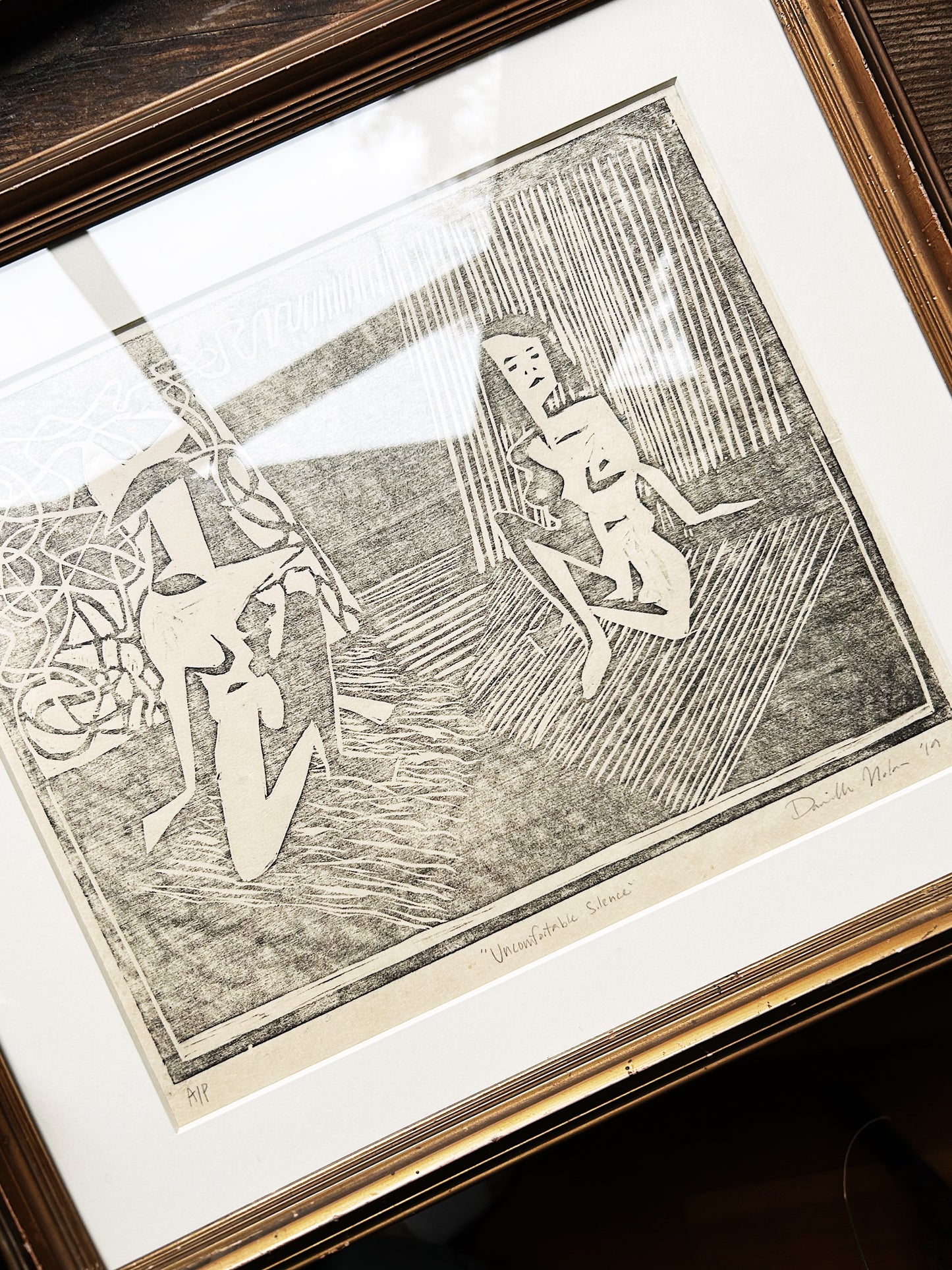 Original Abstract Woodcut ‘Uncomfortable Silence’