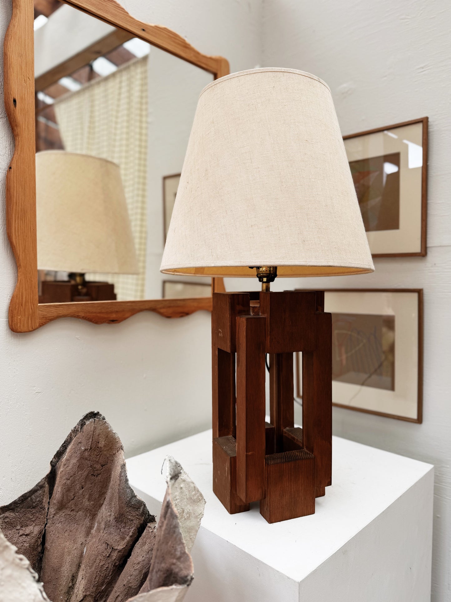 Vintage Brutalist Wood Lamp