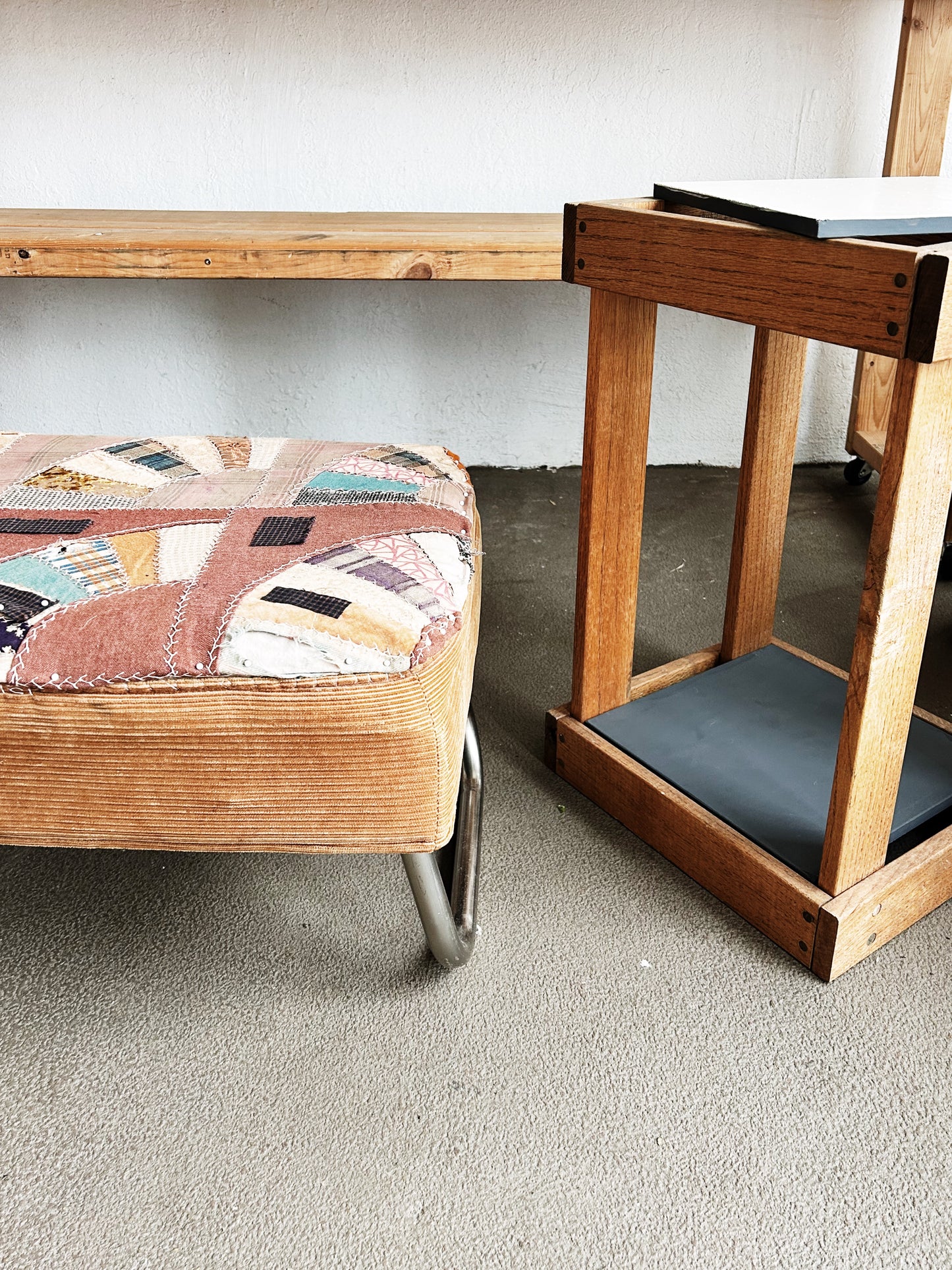 Antique Scrap Quilt Upholstered Vintage Ottoman