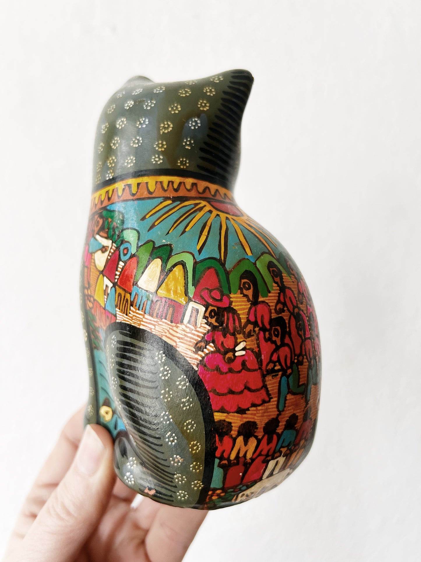 Vintage Mexican Folk Art Hand Painted Terra Cotta Kitty