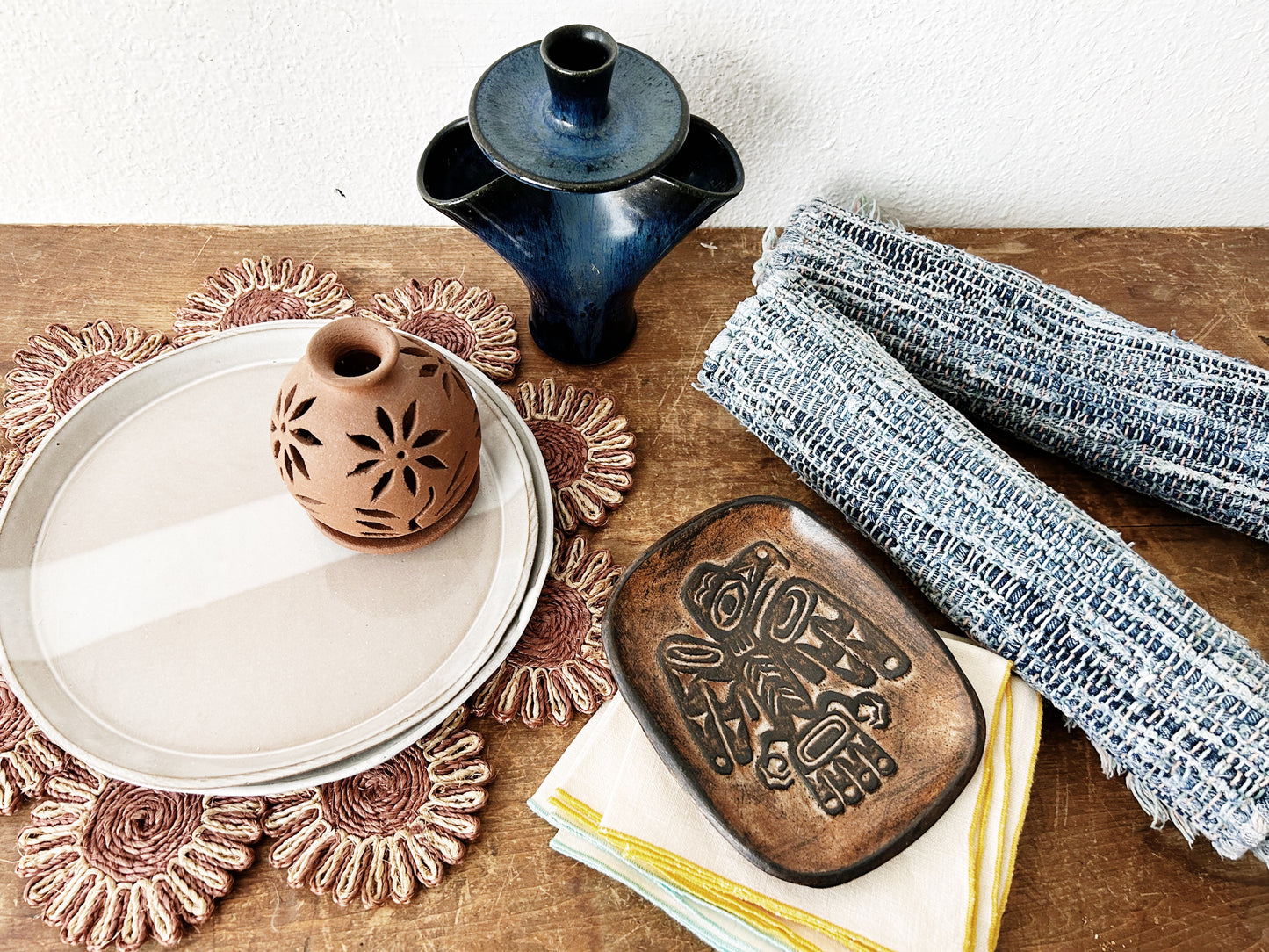 Vintage Indigo Pottery Double Vase Candle Holder