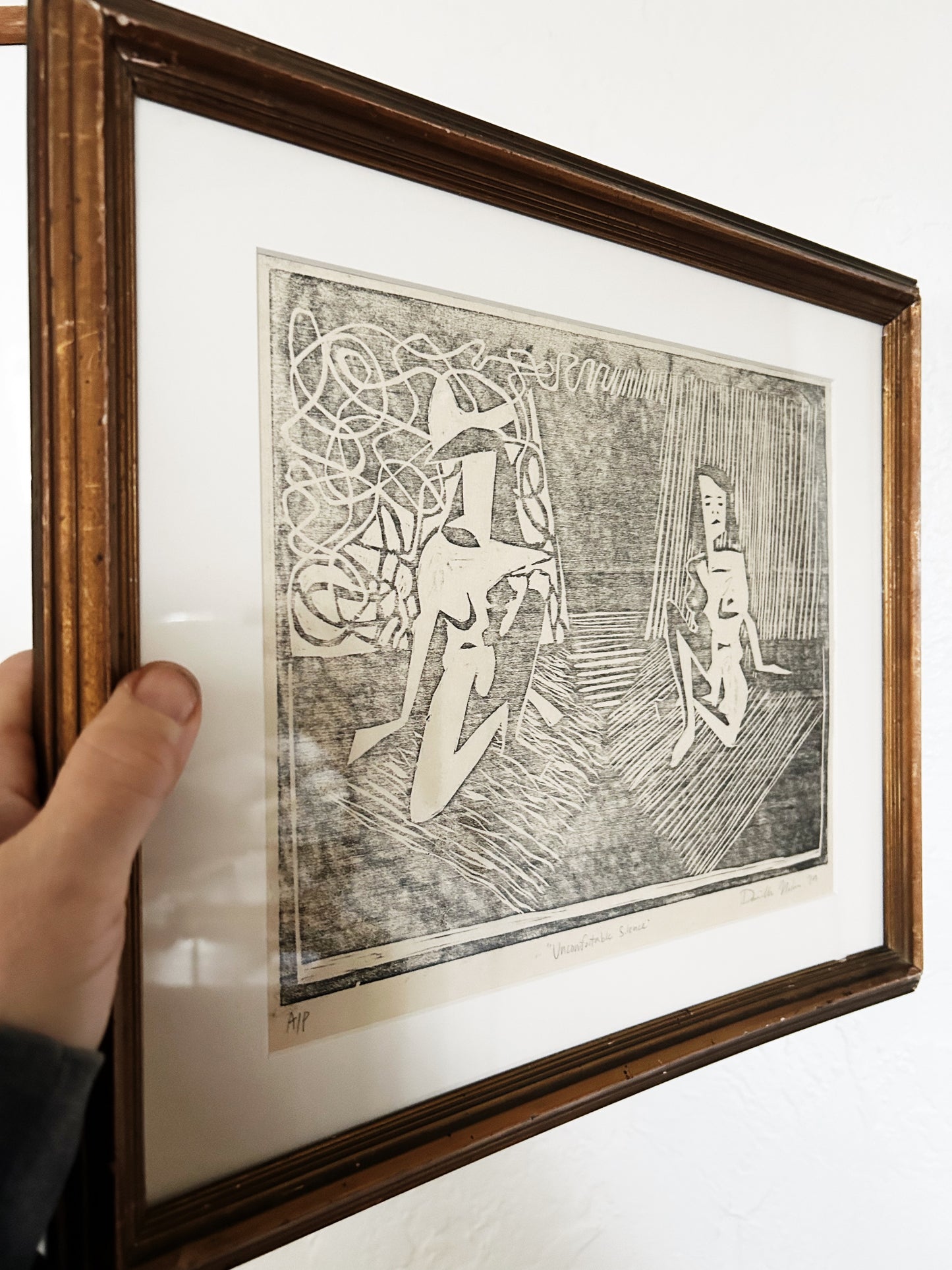 Original Abstract Woodcut ‘Uncomfortable Silence’