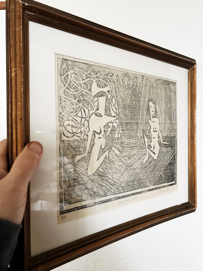 Original Abstract Woodcut ‘Uncomfortable Silence’