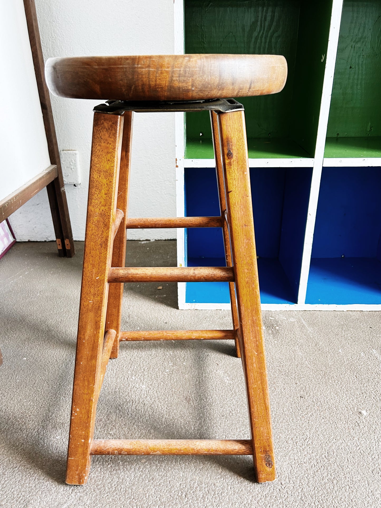 Vintage Wood Stool with Spinning Seat