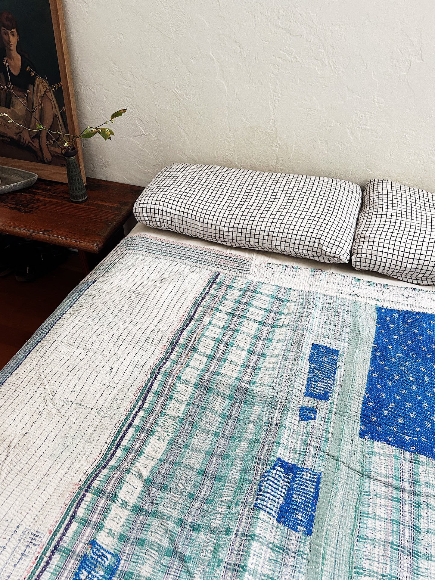 Vintage Blue Calico Patch Kantha Quilt