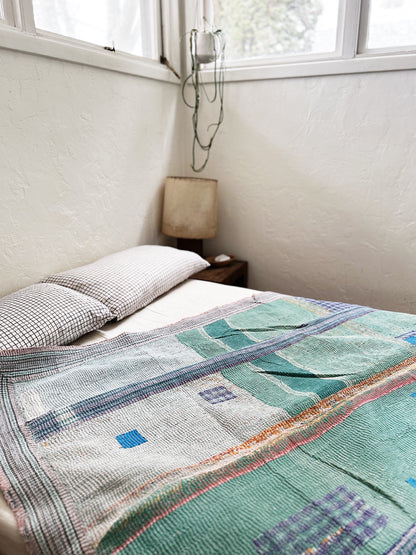 Vintage Blue Calico Patch Kantha Quilt