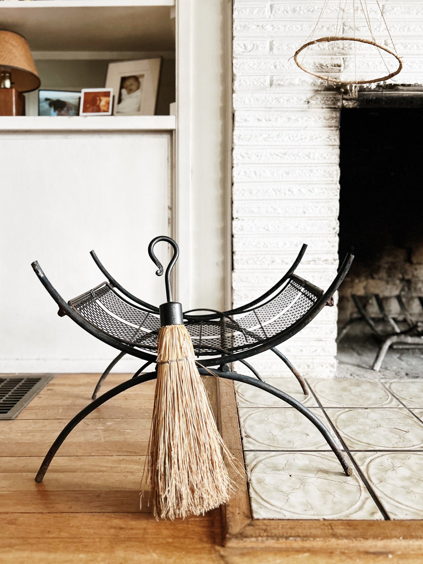 Mid Century Firewood Rack and Broom