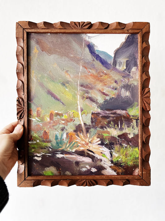 Vintage Landscape Painting in Carved Frame