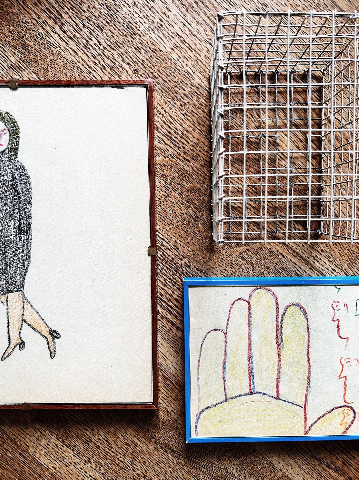 1930s Folk Art Drawing Framed in Blue