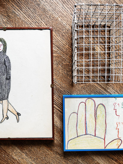 1930s Folk Art Drawing Framed in Blue