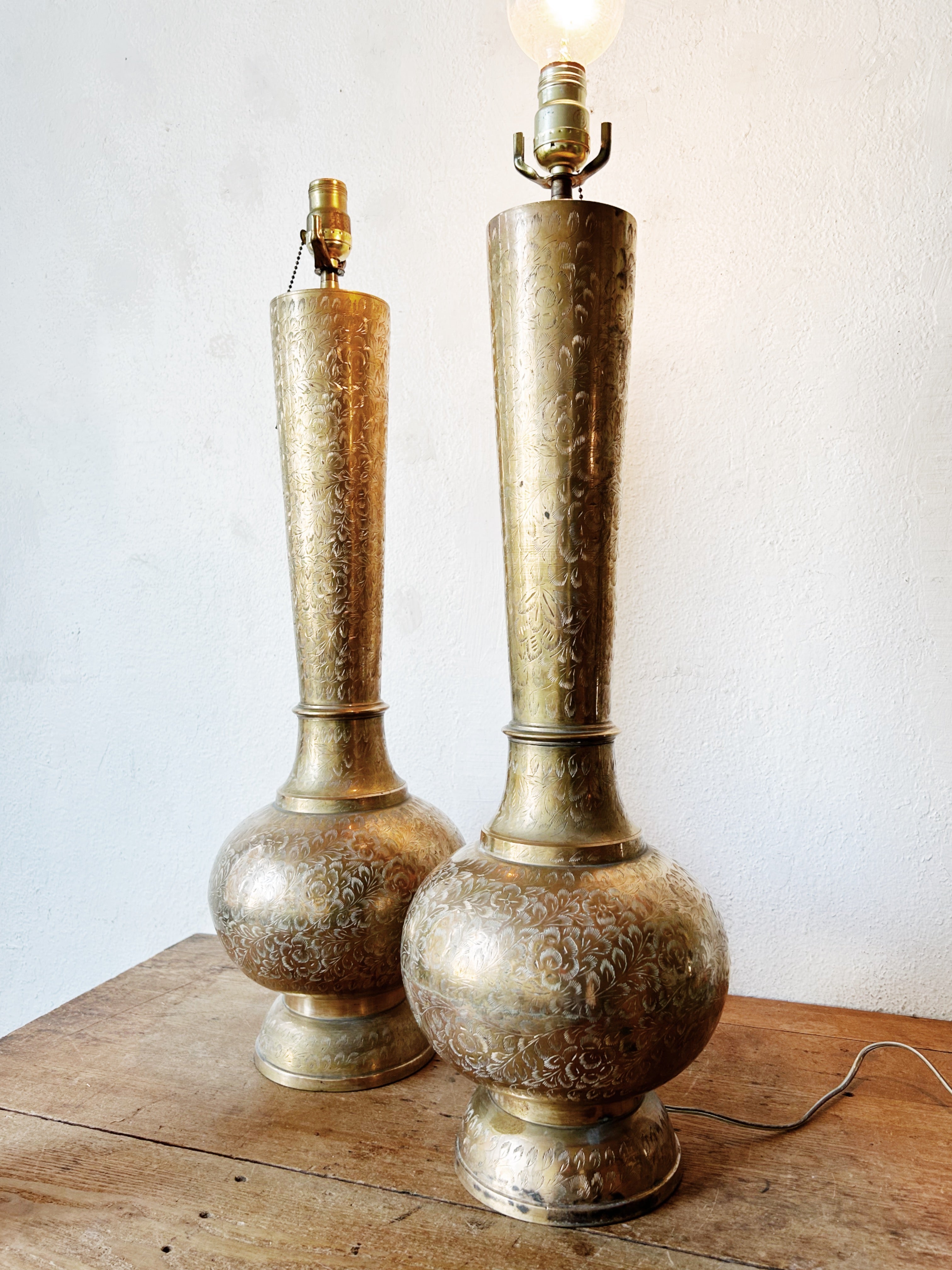 Tall Vintage Incised Brass Lamp