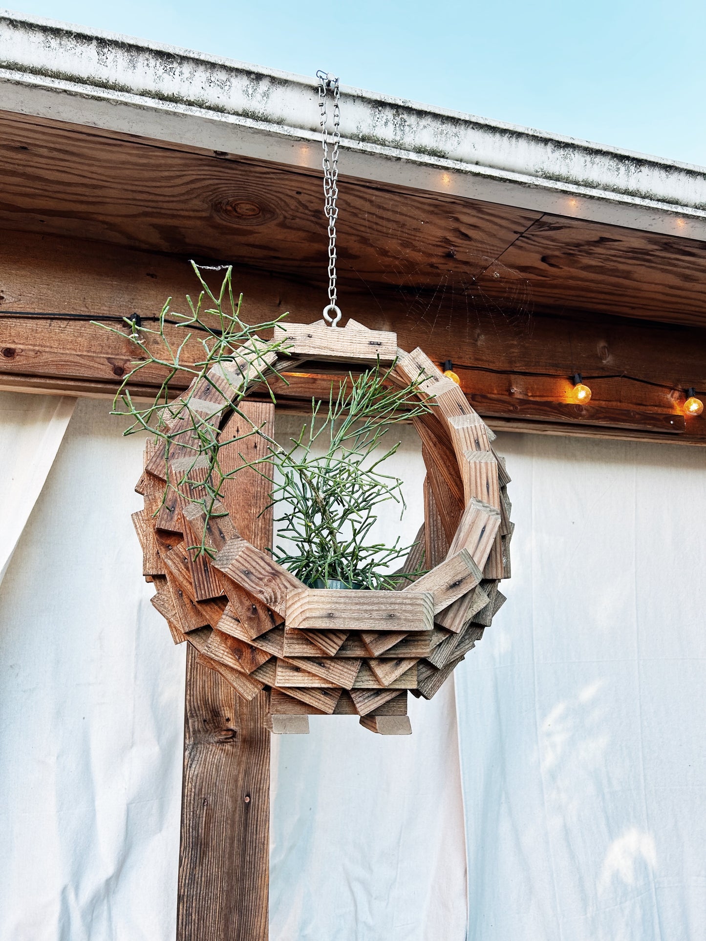 Large Vintage Wood Tramp Art Hanging Planter