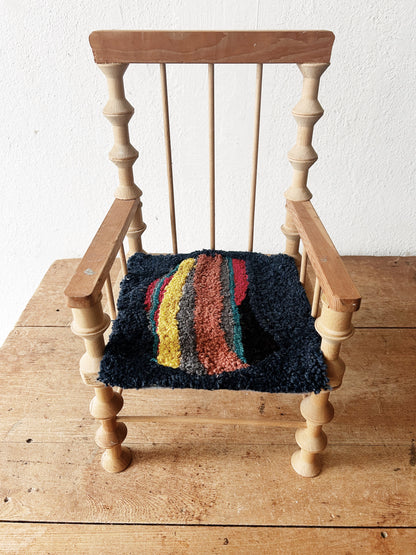 Handmade Mini Folk Art Chair with Hooked Seat Pad