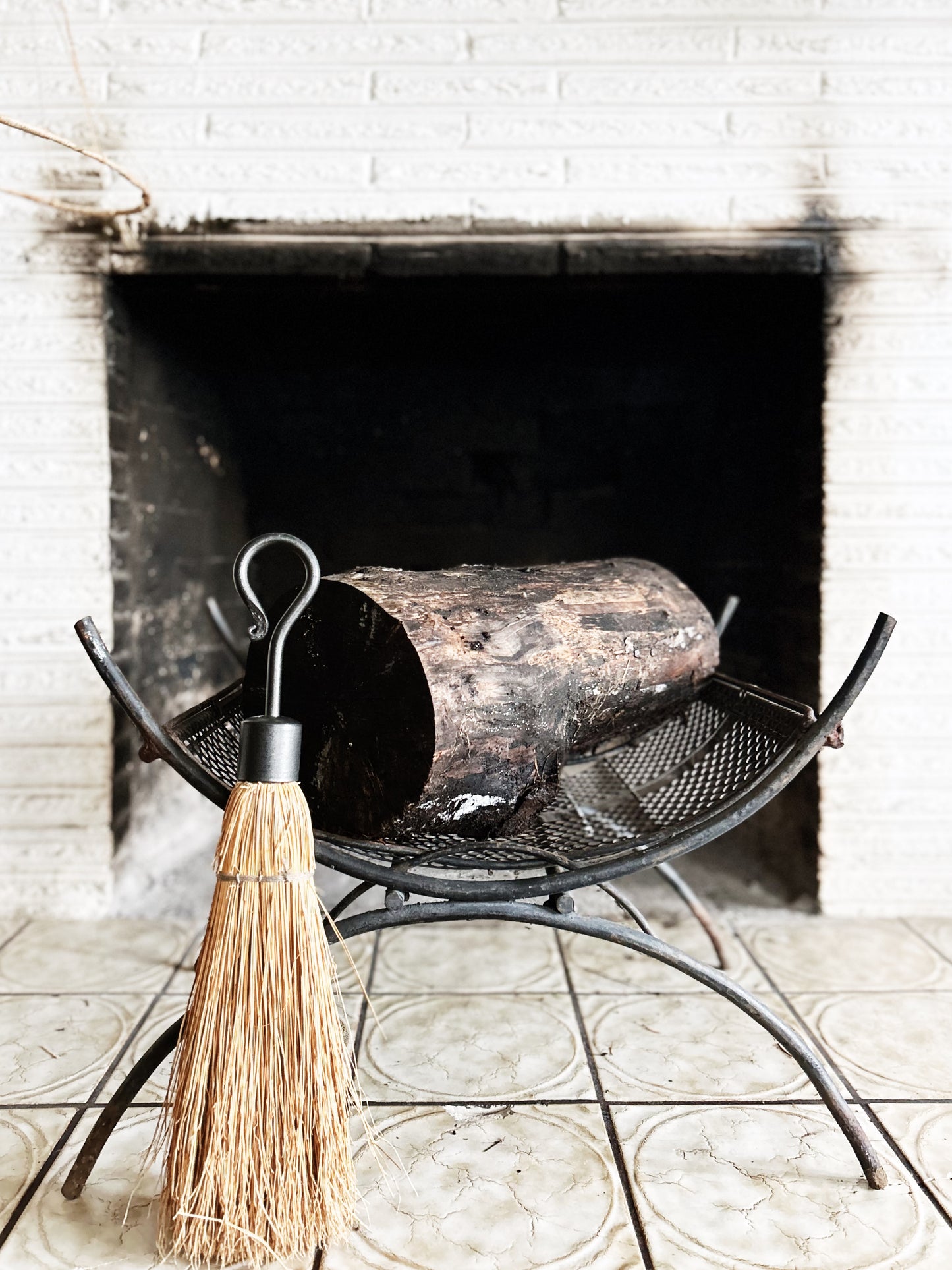 Mid Century Firewood Rack and Broom