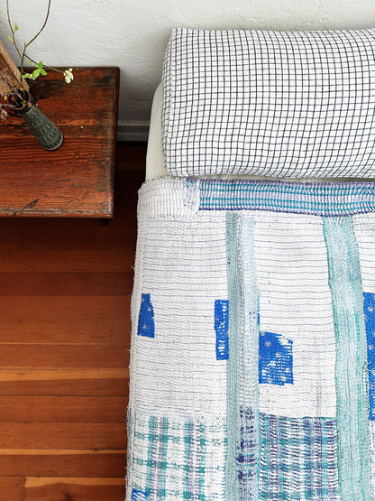 Vintage Blue Calico Patch Kantha Quilt