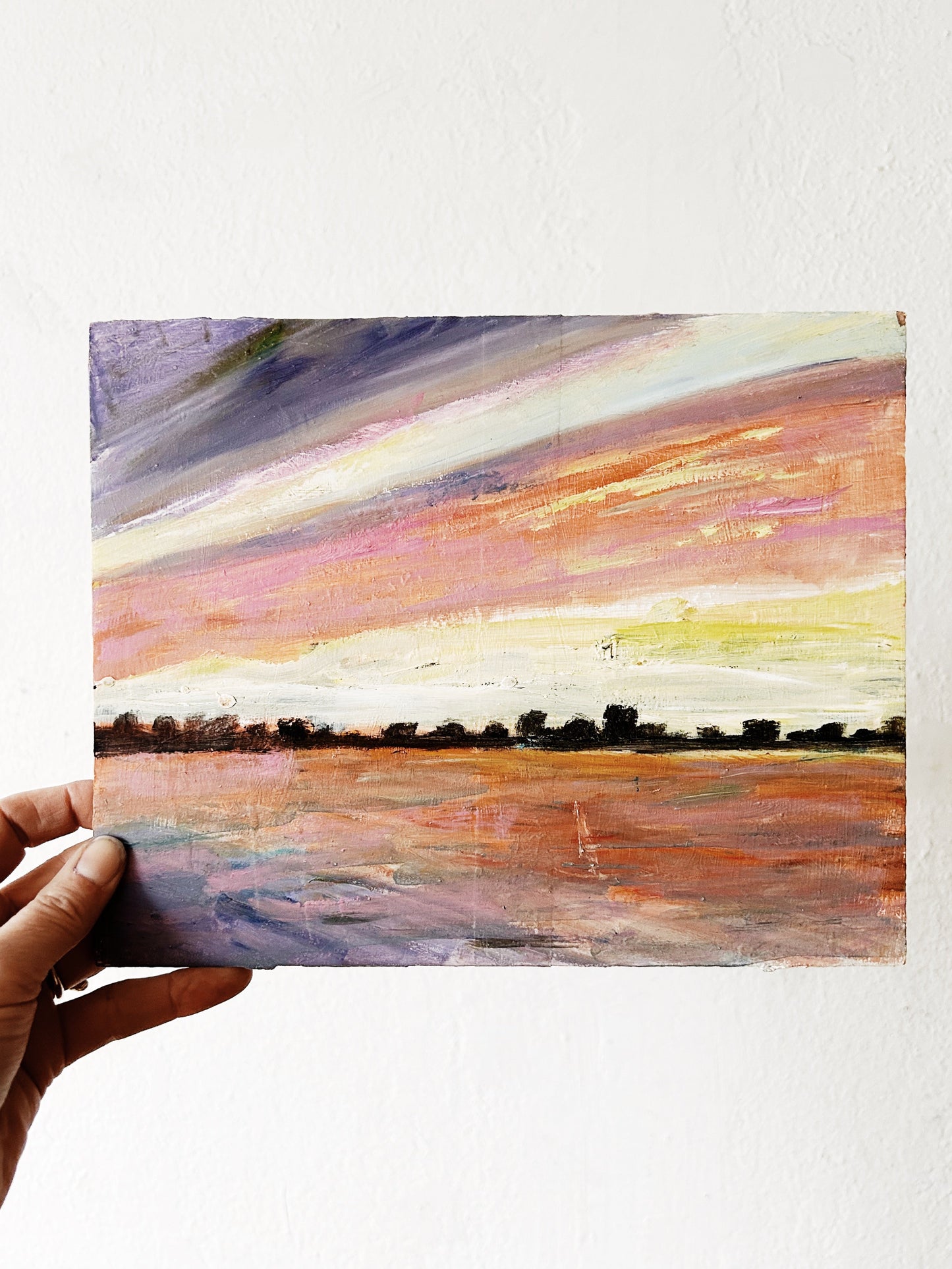 Vintage Pink Sky Landscape Painting