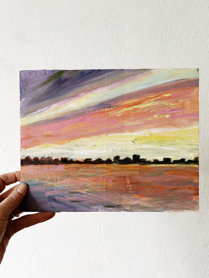 Vintage Pink Sky Landscape Painting