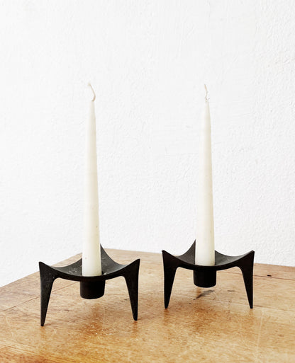 Vintage Scandinavian Wood or Brutalist Candle Holder Pair
