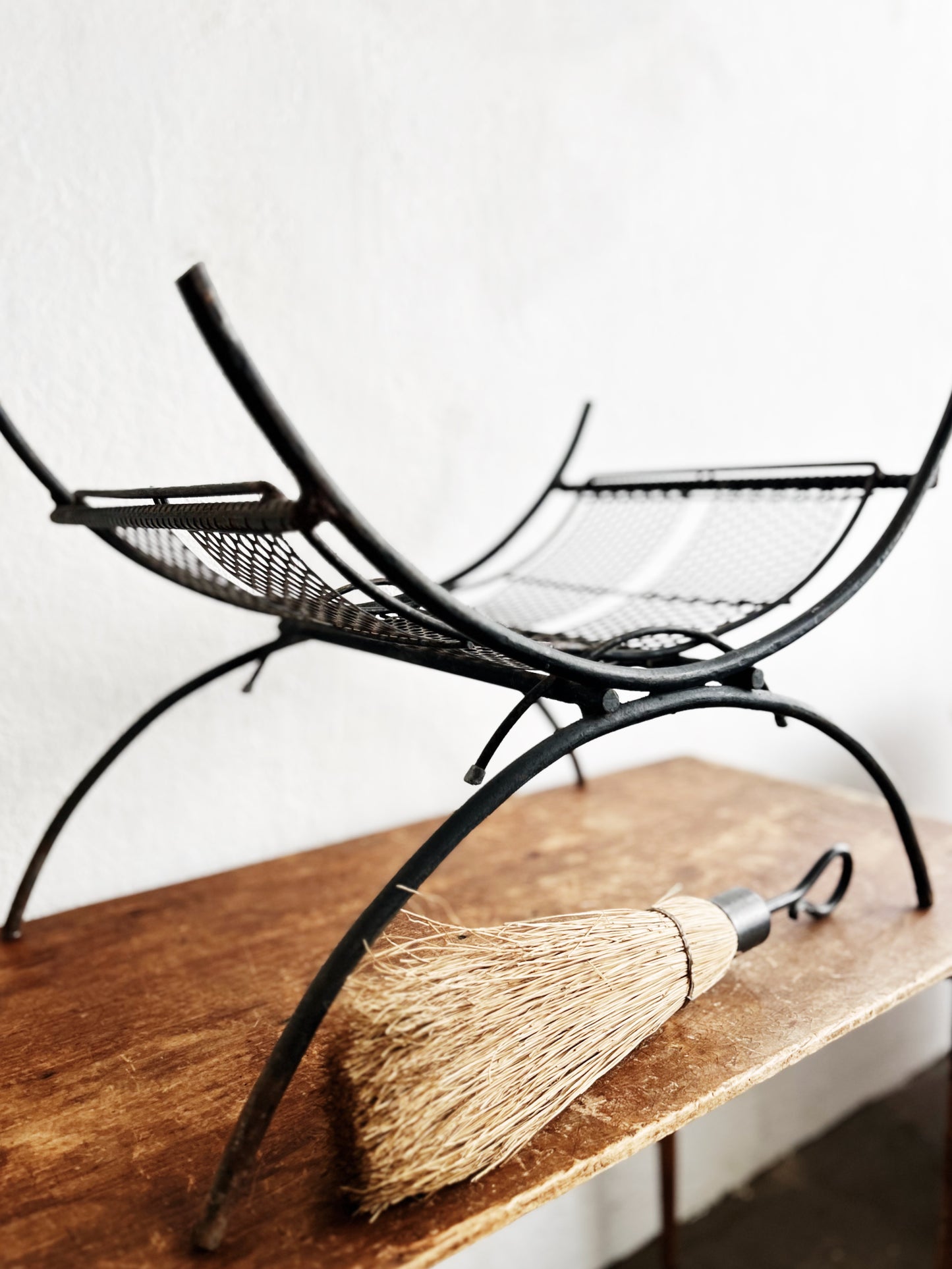 Mid Century Firewood Rack and Broom