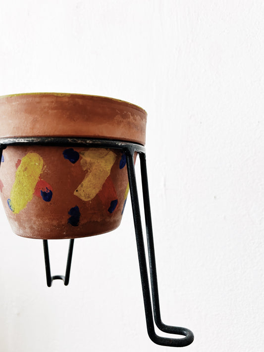 Painted Terra Cotta Pot with Iron Stand