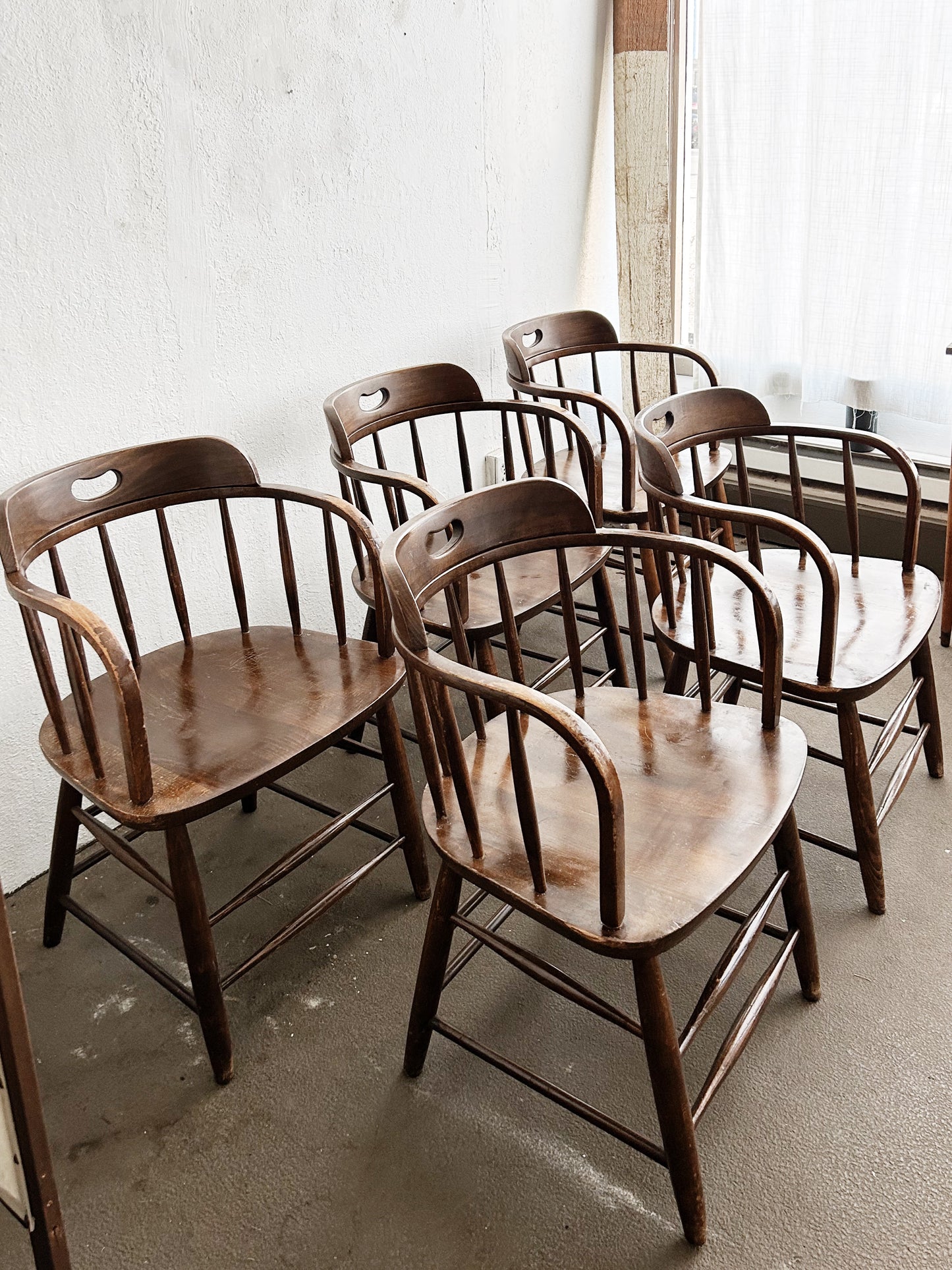 Set of Five Vintage Oak Captains Chairs