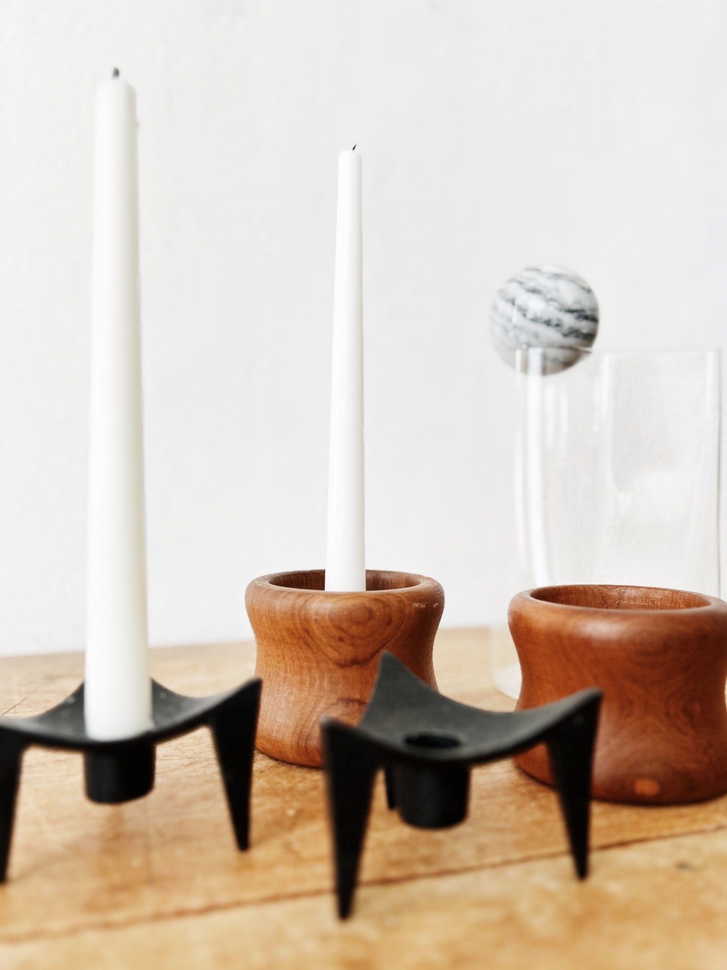 Vintage Scandinavian Wood or Brutalist Candle Holder Pair