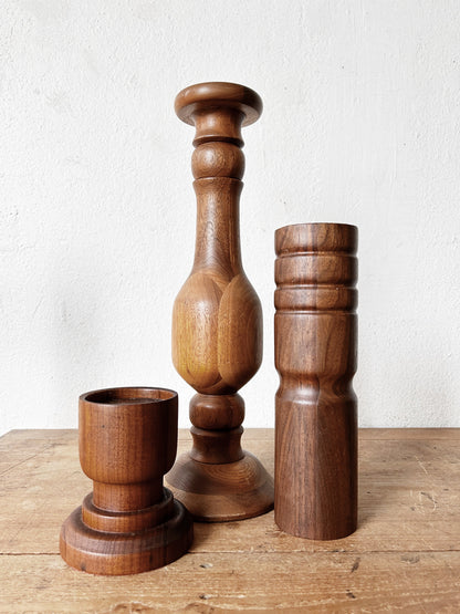 Vintage Turned Wood Pillar Candle Stand Trio