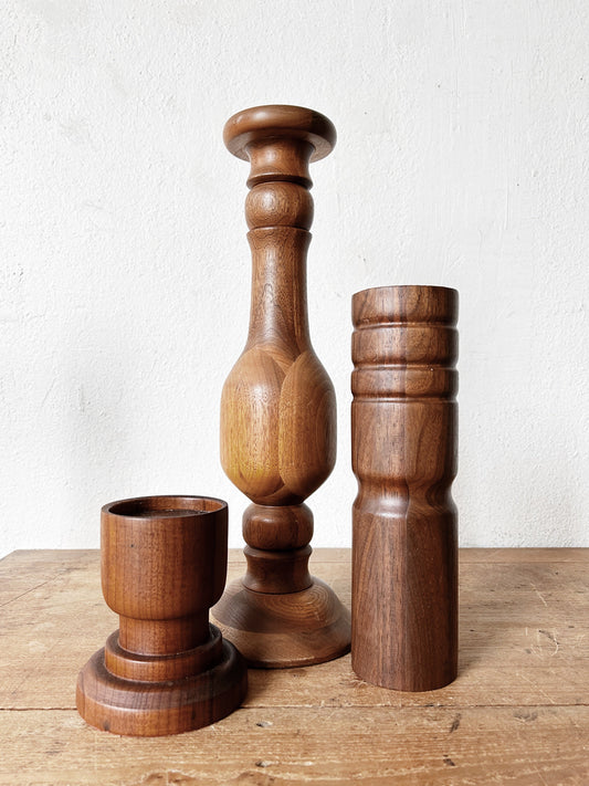 Vintage Turned Wood Pillar Candle Stand Trio