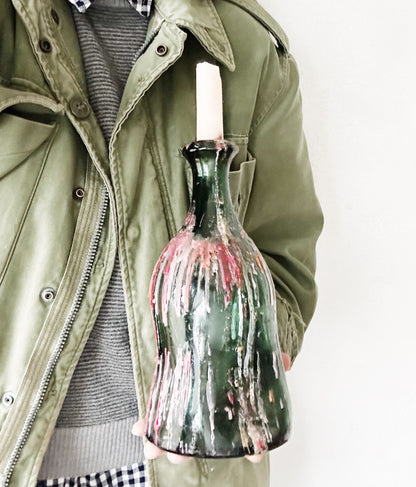 Vintage Green Glass Bottle Candle Holder