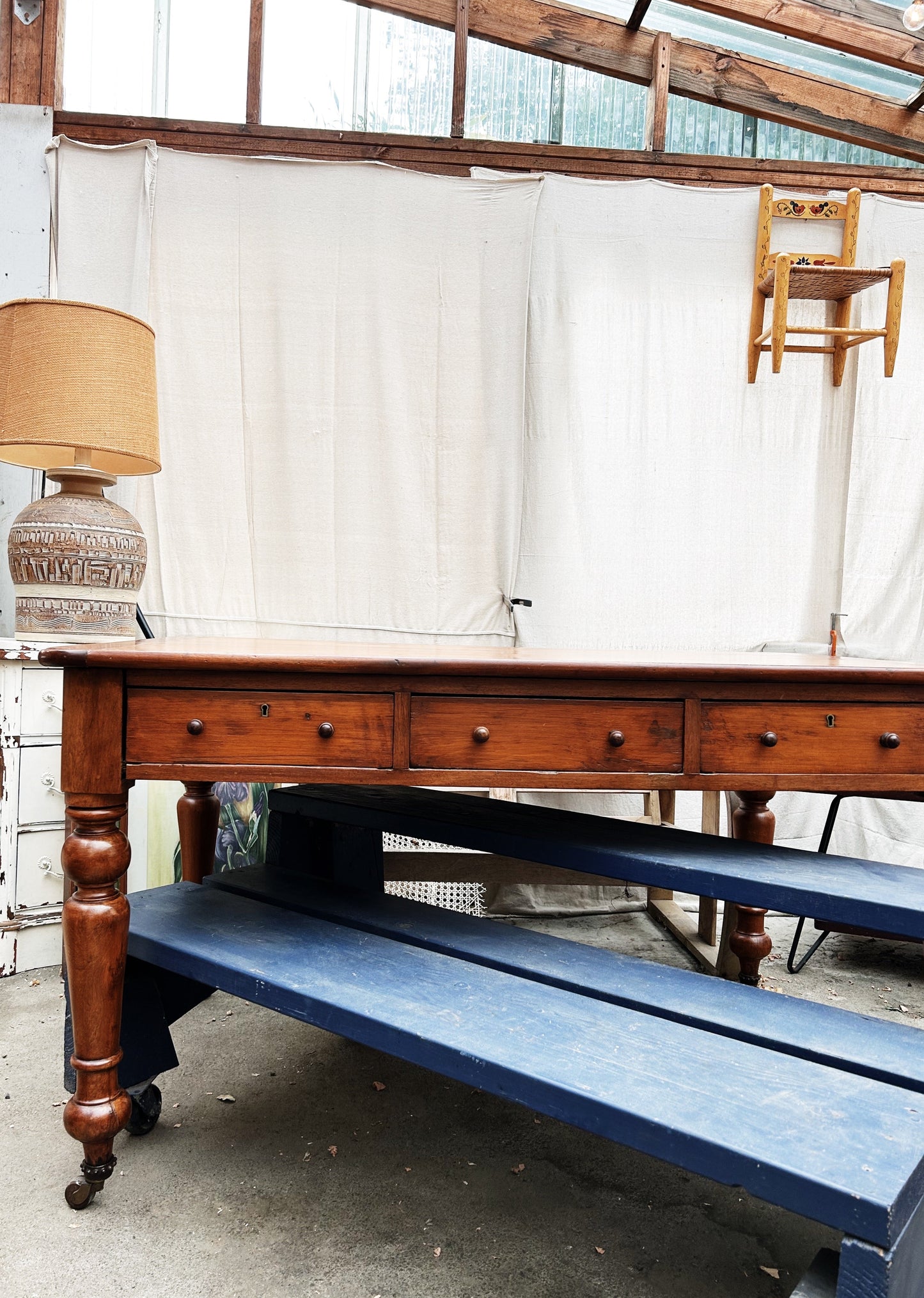 Handmade Industrial Wood Rolling Double Shelf