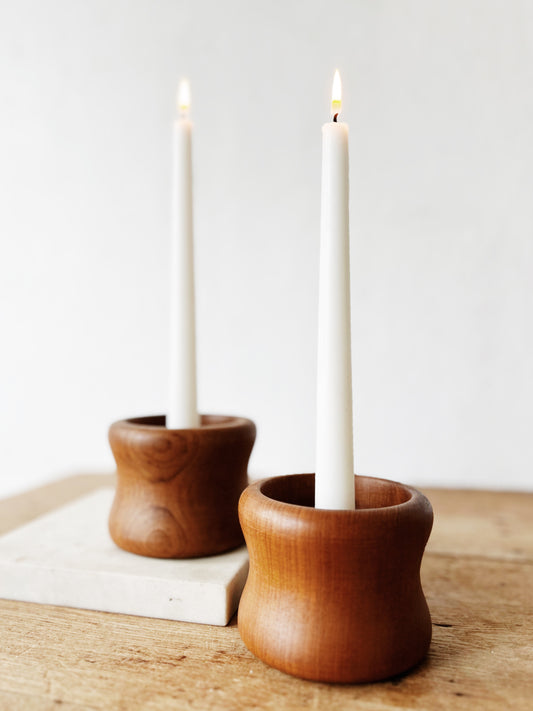Vintage Modernist Wood Candle Holder Pair