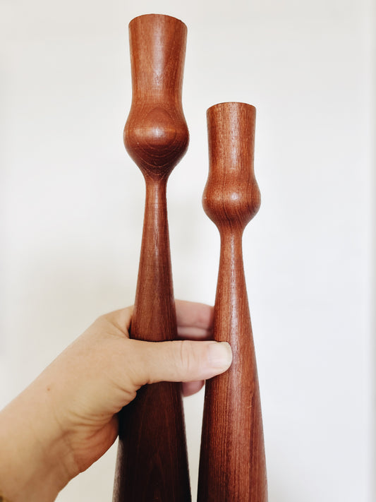 Pair Mid Century Danish Teak Candlesticks