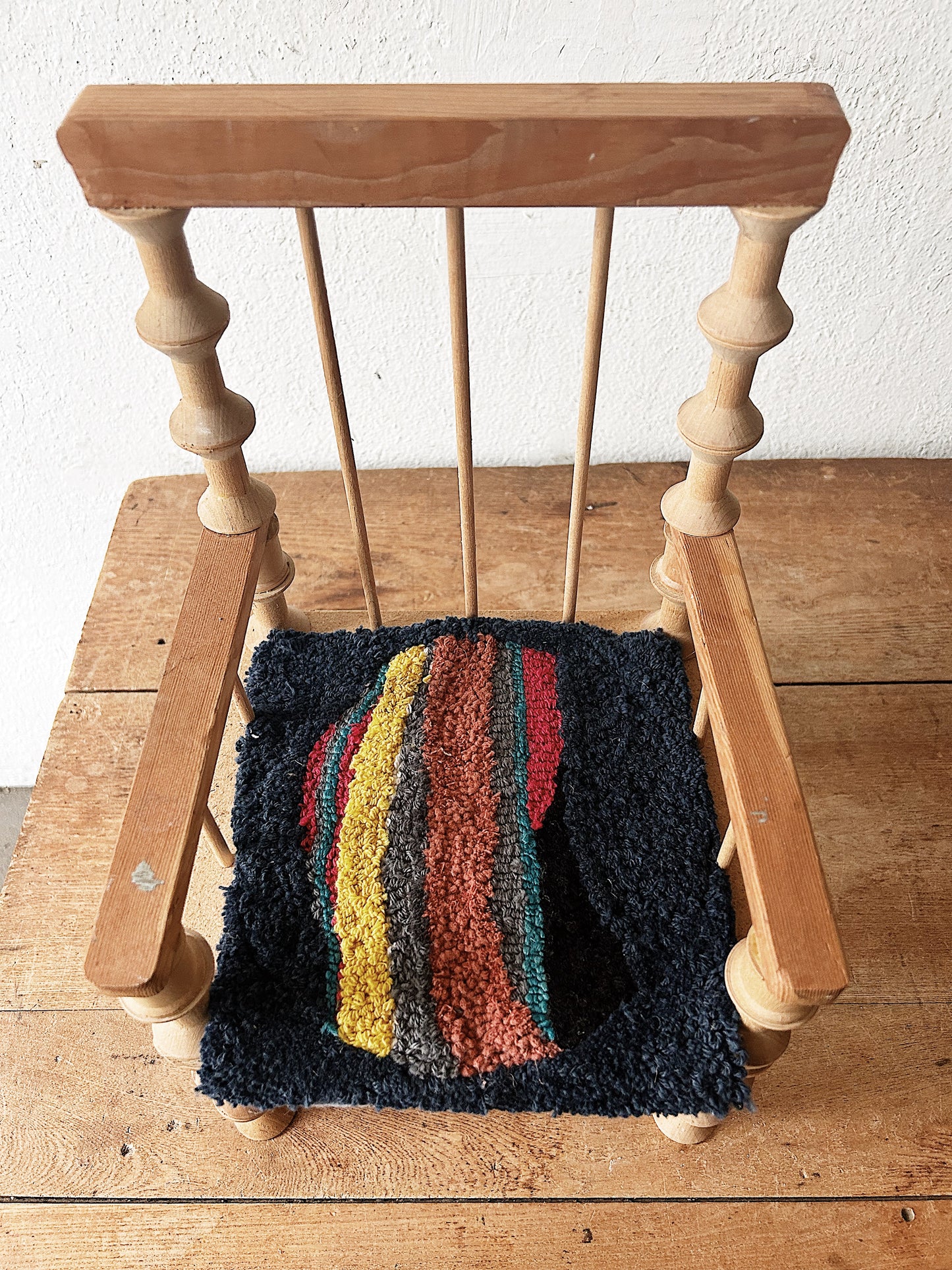 Handmade Mini Folk Art Chair with Hooked Seat Pad