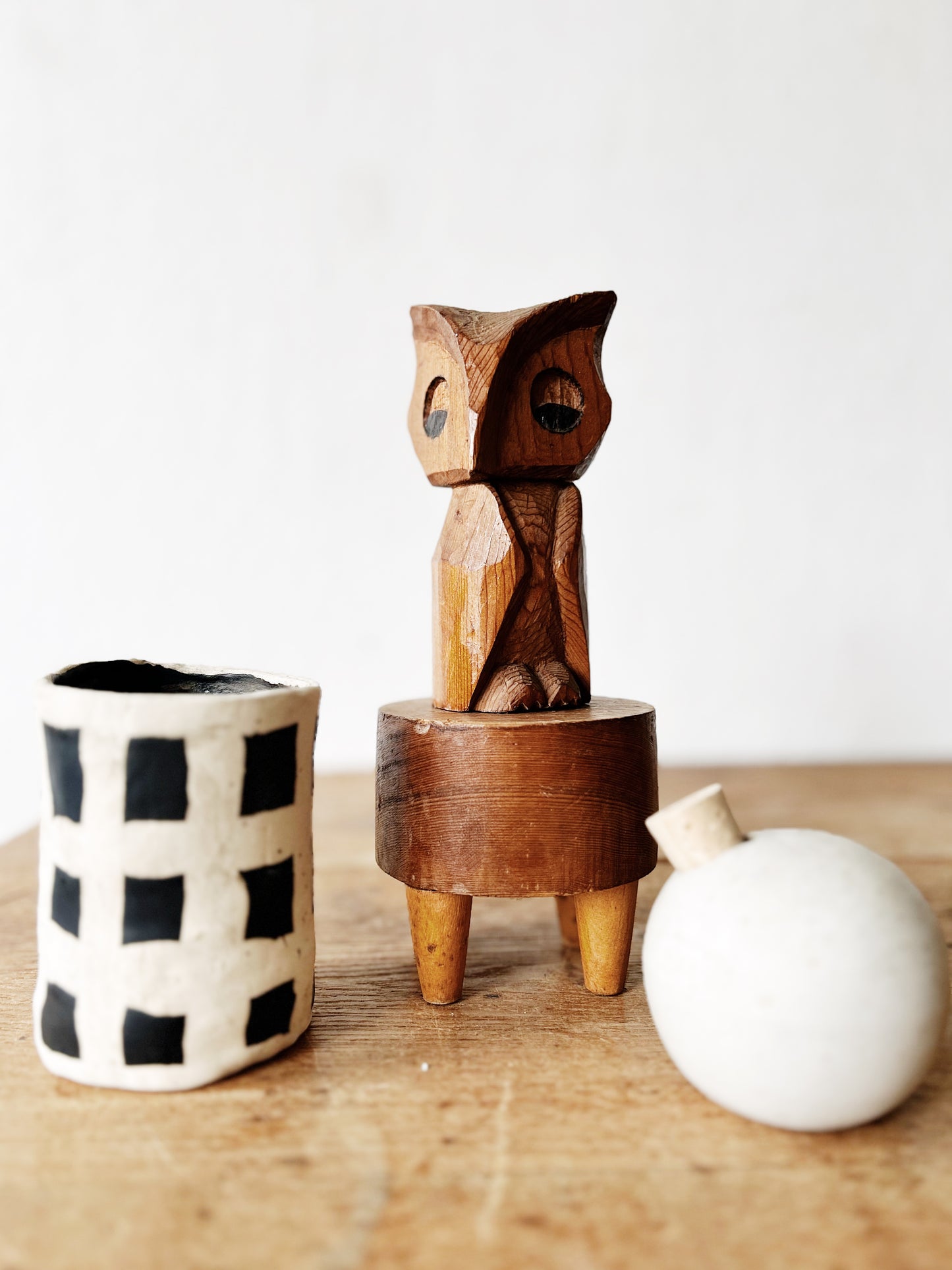 Hand Carved Folk Owl on Stand