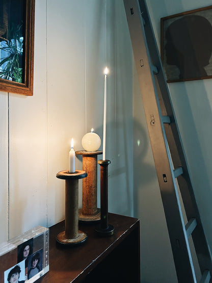 Trio of Antique Wooden Spool Candleholders