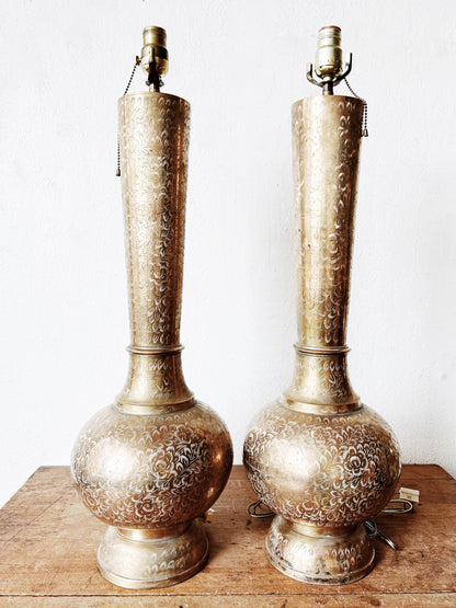 Tall Vintage Incised Brass Lamp