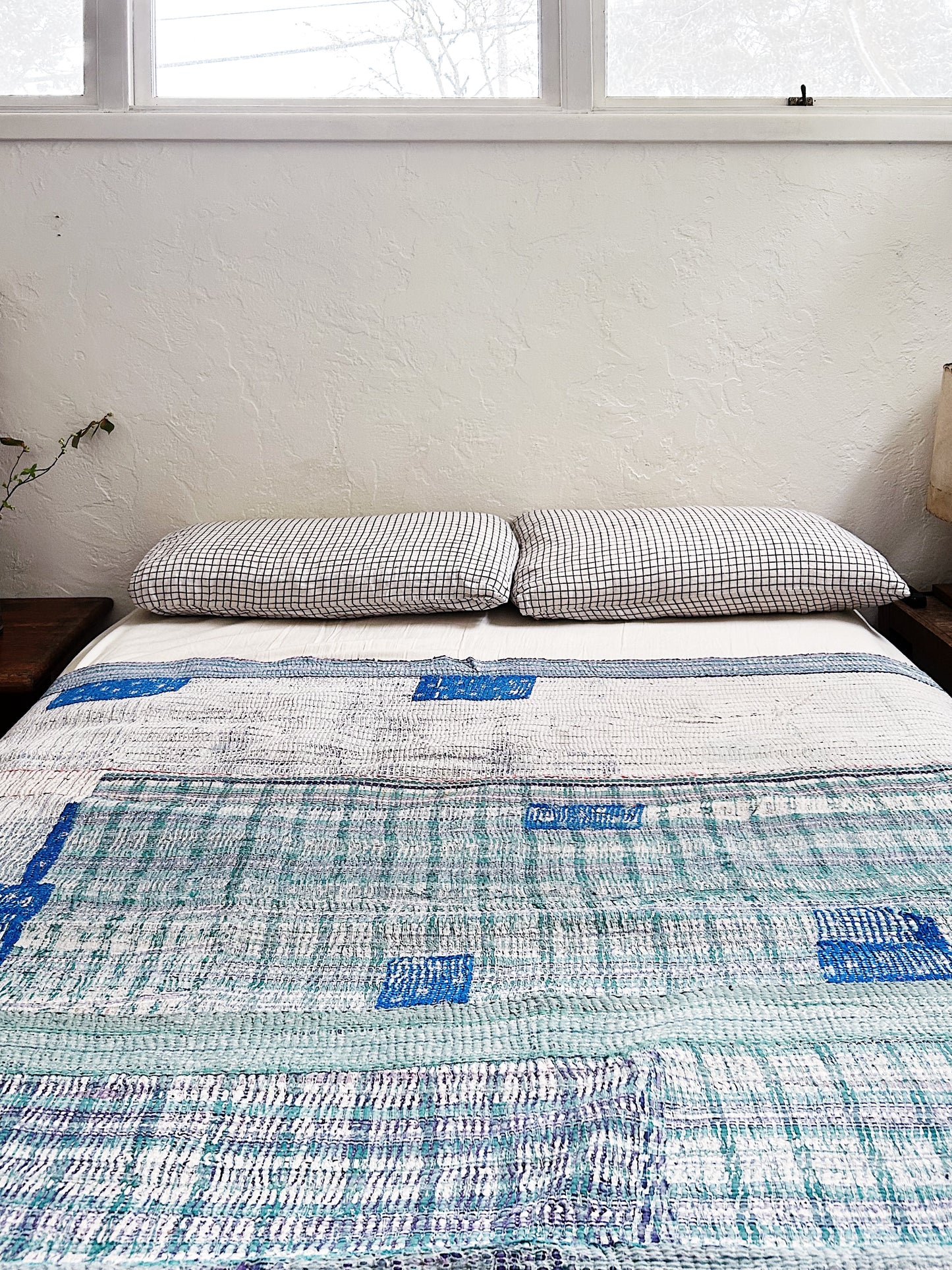 Vintage Blue Calico Patch Kantha Quilt